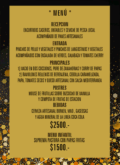 Restaurante Pizza Jet Monte Hermoso te invita a festejar la llegada del año nuevo disfrutando este delicioso menú con la animación de Marcela Lorenzi y Alberto Ahedo. 